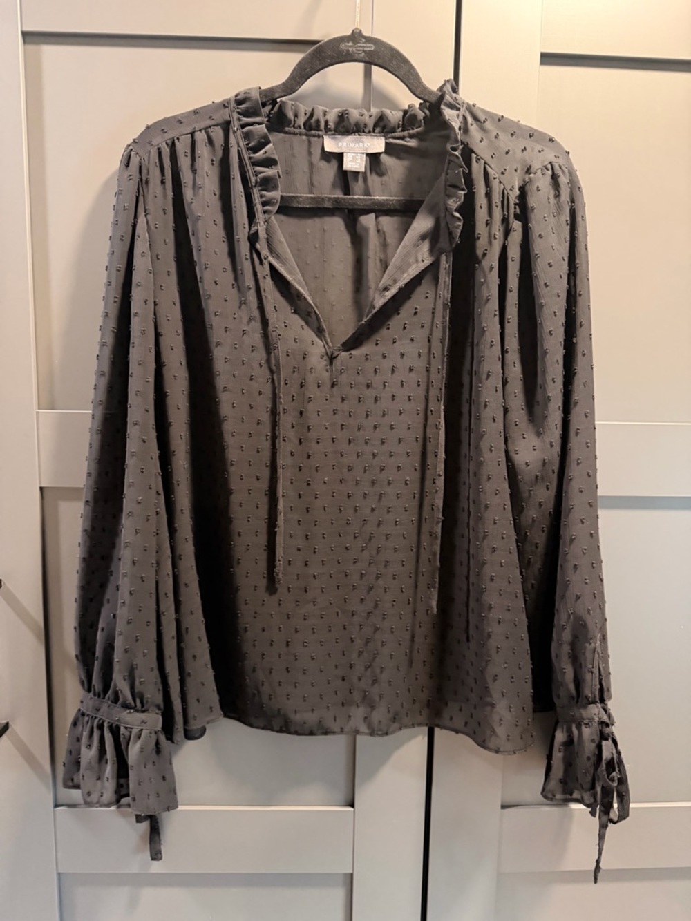 Primark Black Swiss Dot Ruffle Tie Neck Blouse